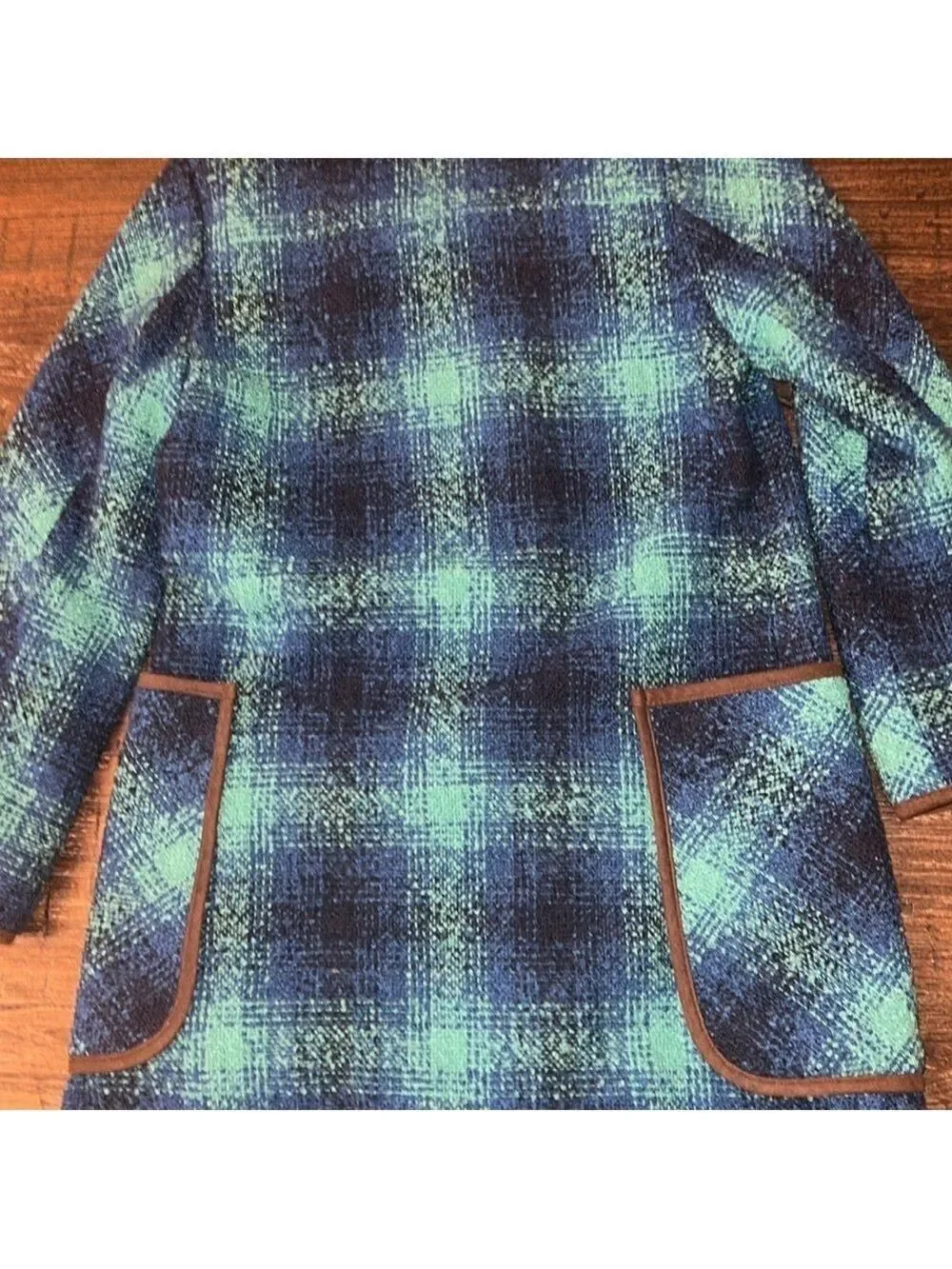 Soft Surroundings Blue Bouclé Plaid Longline Coat Metal Toggle XS EUC